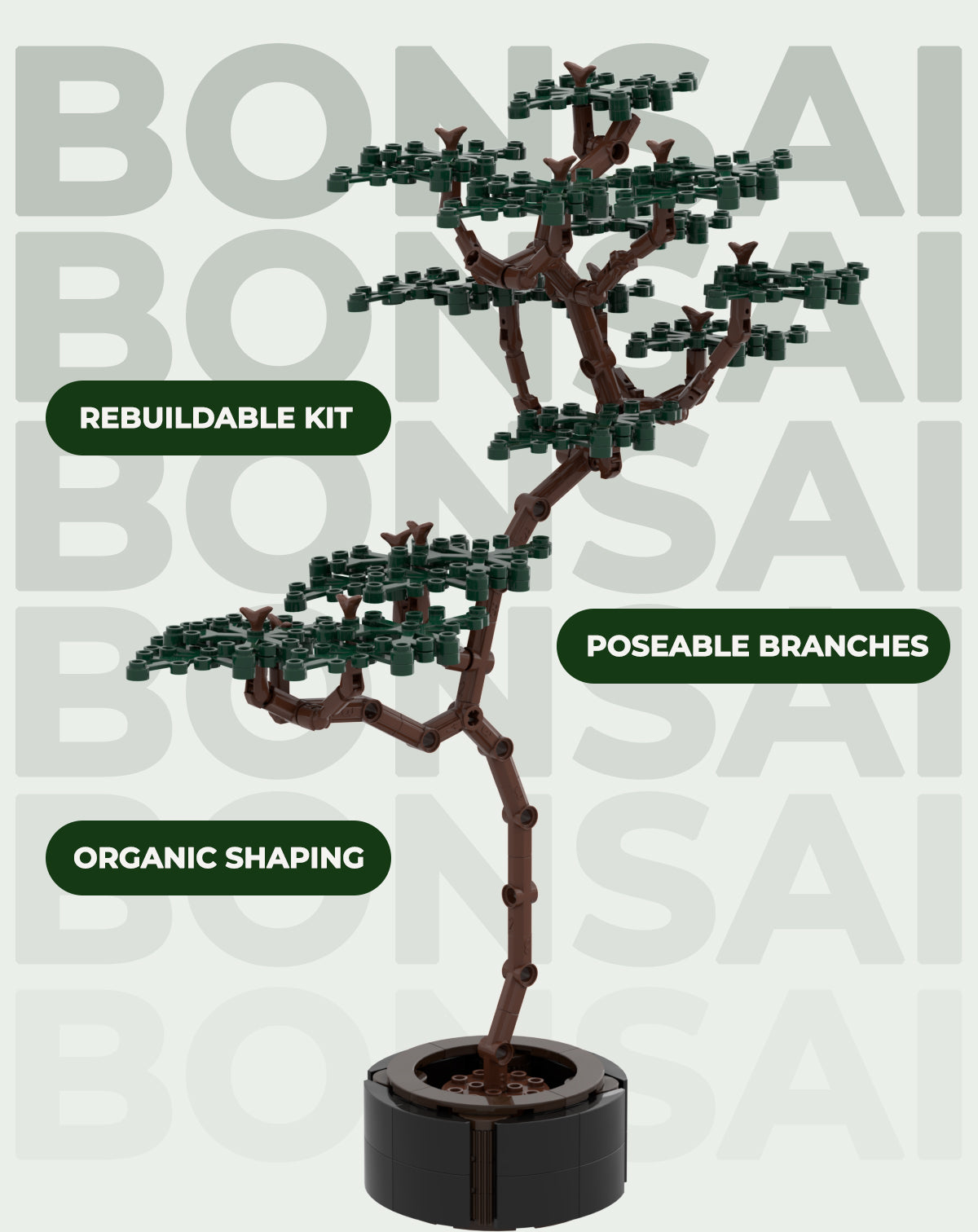 LEGO Bonsai brick build in a zen elevated room with wood undertones and a decorative circle sculture behind it. Green leaves, brown curved trunk and dark blue pot with tiny accent yellow flowers